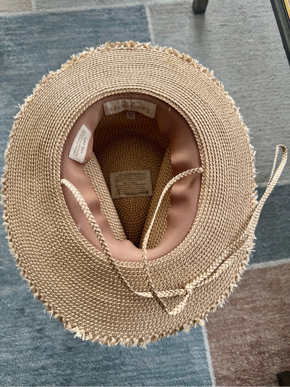 Eric Javits Tan Straw Wide-Brim Sun Hat with Chin Tie - Picture 2 of 3